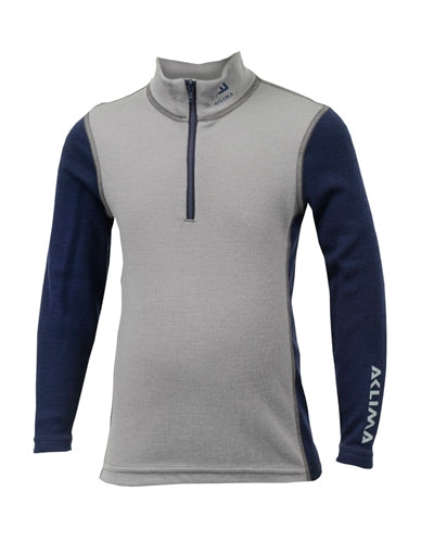 Blå uld sweater med høj hals og lynlås.