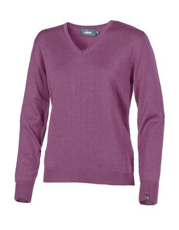 Blå merinouldsweater til kvinder med V-udskæring.