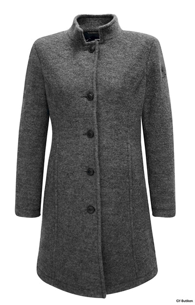 Lang grå jakke i kogt uld med høj krave.