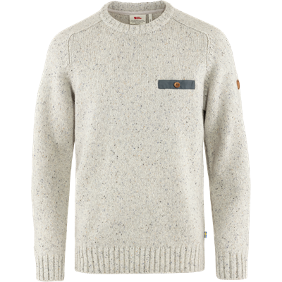 Grå, rundhalset herresweater med brystlomme og lange ærmer.