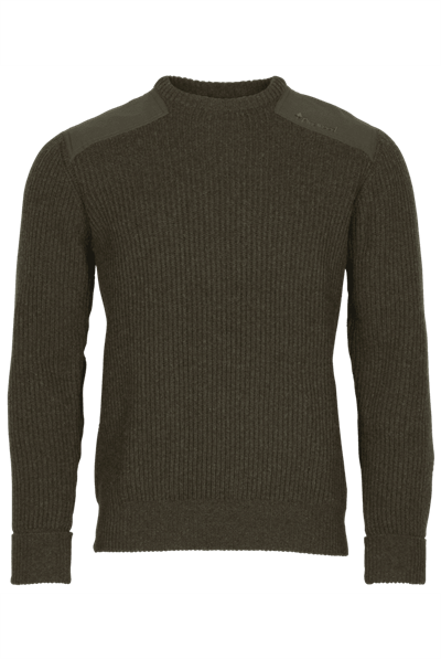 Mossgrøn meleret sweater med forstærkninger på skuldre og albuer.