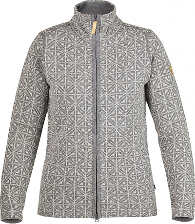 Jacquardstrikket cardigan med traditionelt skandinavisk mønster.