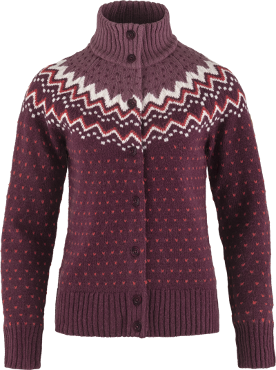 Kvinde cardigan med jacquardmønster og corozo knapper.