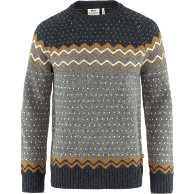 Mørkeblå sweater med klassisk jacquardmønster og albueforstærkning.