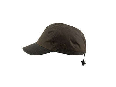 Brun voksbomuldshat med bred skygge.