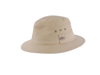 Elegant olivenfarvet rejsehat med ventilationshuller.
