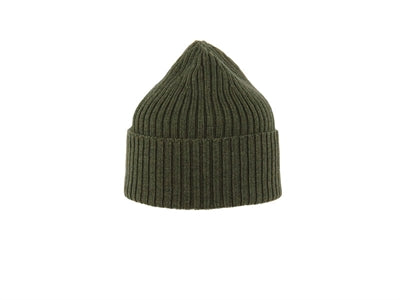 Sandfarvet beanie med foldet kant i merino uld.
