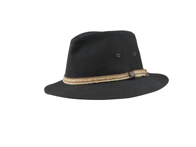 Sort MJM hat med beige bånd detaljer.