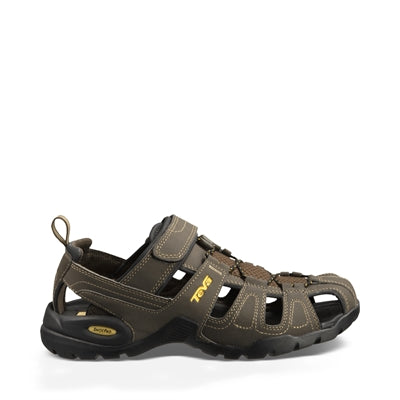 Mandals i brun, lukket tå, hurtigspændende, syntetisk materiale.