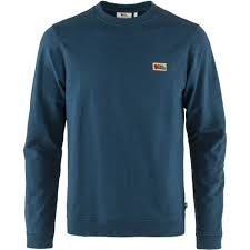 Mænds blå sweater med rund hals og logo.