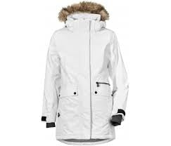 Hvid pigeparka med fleece og stormsystem.