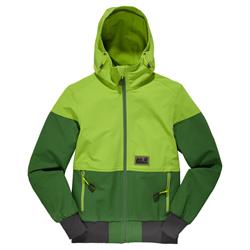 Grå softshell jakke med hætte og sidelommer.