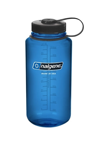 Blå Nalgene vandflaske med bred åbning.