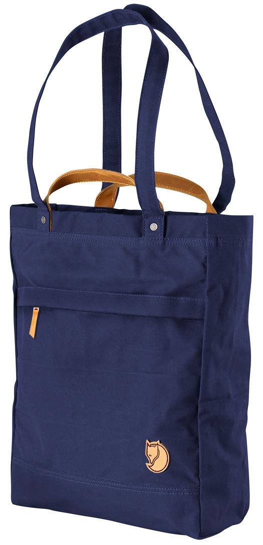 Blå Fjällräven totebag med læderhåndtag og skulderstropper.