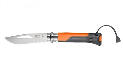 Foldekniv med delvist takket klinge og orange grå skaft