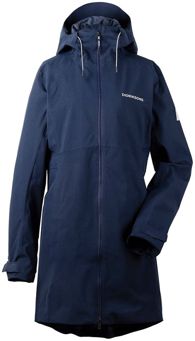 Marineblå dameparka med justerbar hætte og lommer.