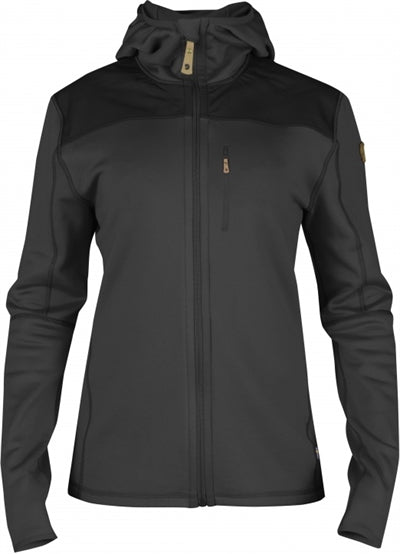 Grå dame fleece hoodie med hætte og lynlås.