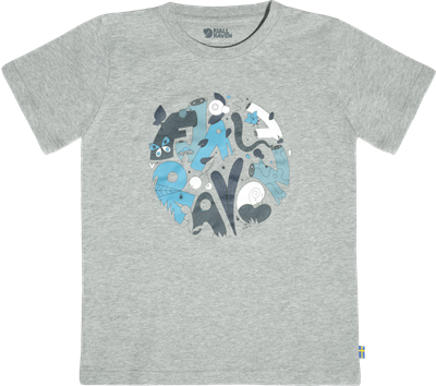 Børne-T-shirt med legesygt tryk, rund halsudskæring.