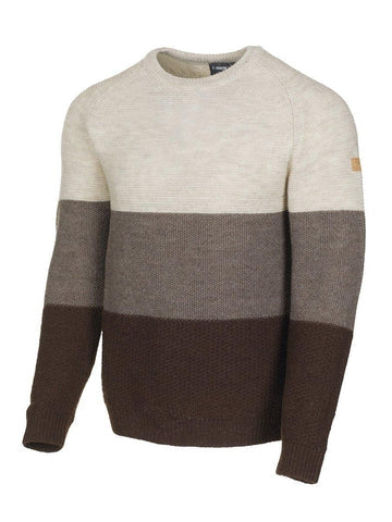 Grå sweater med farveblokke og logo på ærmet.