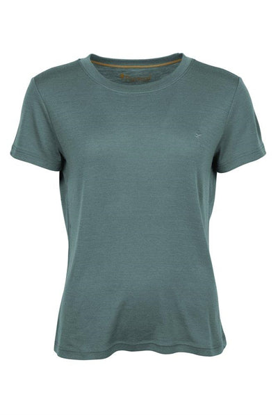 Kortærmet blå merinould T-shirt til kvinder med rund hals.