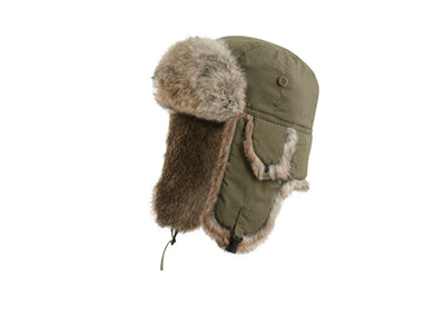 Brun trapperhat med kaninpelsskind og øreflapper.