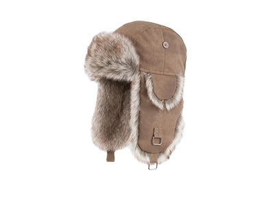 Camel trapper hat with faux fur and earflaps.