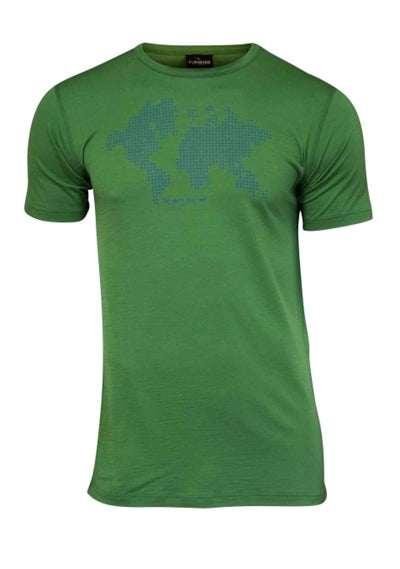Sandfarvet T-shirt med verdenskortprint og korte ærmer.