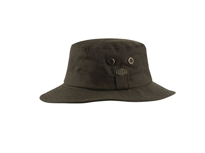 Brun bucket hat i vokset bomuld med ventilationshuller.