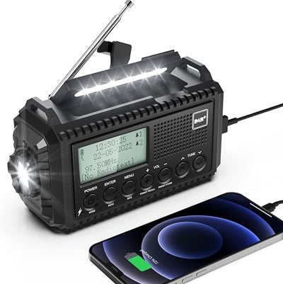 Sort nødradio med lommelygte og antenne.