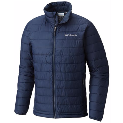 Navy Columbia jakke med lynlåslommer og elastiske manchetter.