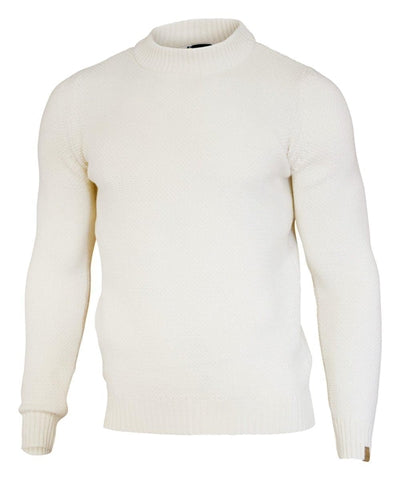 Offwhite herretrøje med rund hals og ribmanchetter.
