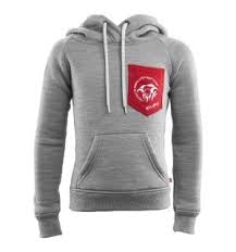 Blå hoodie med kængurolomme og justerbar hætte.