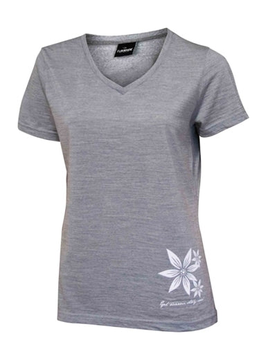 Blomstret T-shirt med V-hals i lilla uldstof