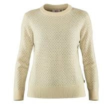 Kvindeuldtrøje, rund hals, lange ærmer, albueforstærkninger.