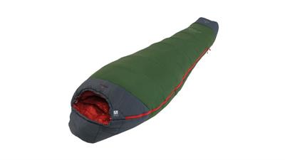 Grøn sovepose med hætte og lynlås.