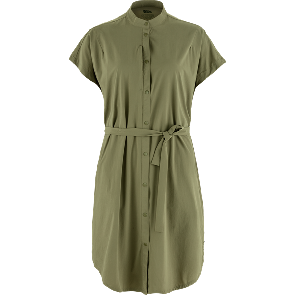 Kvinde skjortekjole, grøn, knaplukning, korte ærmer, bælte.
